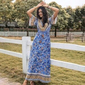 Rusttydustty Blue Boho Floral Maxi Dress | Tassel Tie Waist V-Neck New with Tags